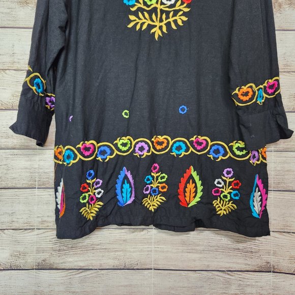 Linea by Louis Dell'Olio Embroidered Bohemian Womens Button Front Black Top L - Picture 12 of 15